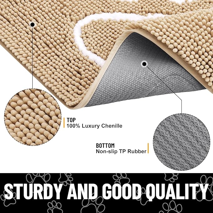 Smiry Dog Door Mat for Muddy Paws, Absorbent Dirt Trapper Non Slip Quick Dry Washable Chenille Mat for Mud Dogs, Entry Rug for Indoor and Outdoor (54x32 Inches, Beige and White)