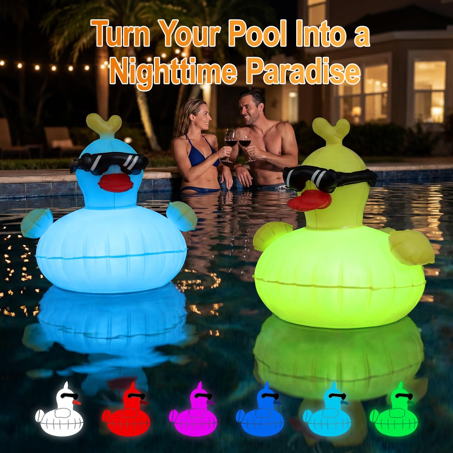 CetusLink Solar Floating Pool Lights, RGBW Color Changing 12-LED 20H Runtime with Remote, Pool Party and Garden Pond Decor, Cool Sunglasses Duck 2-Pack