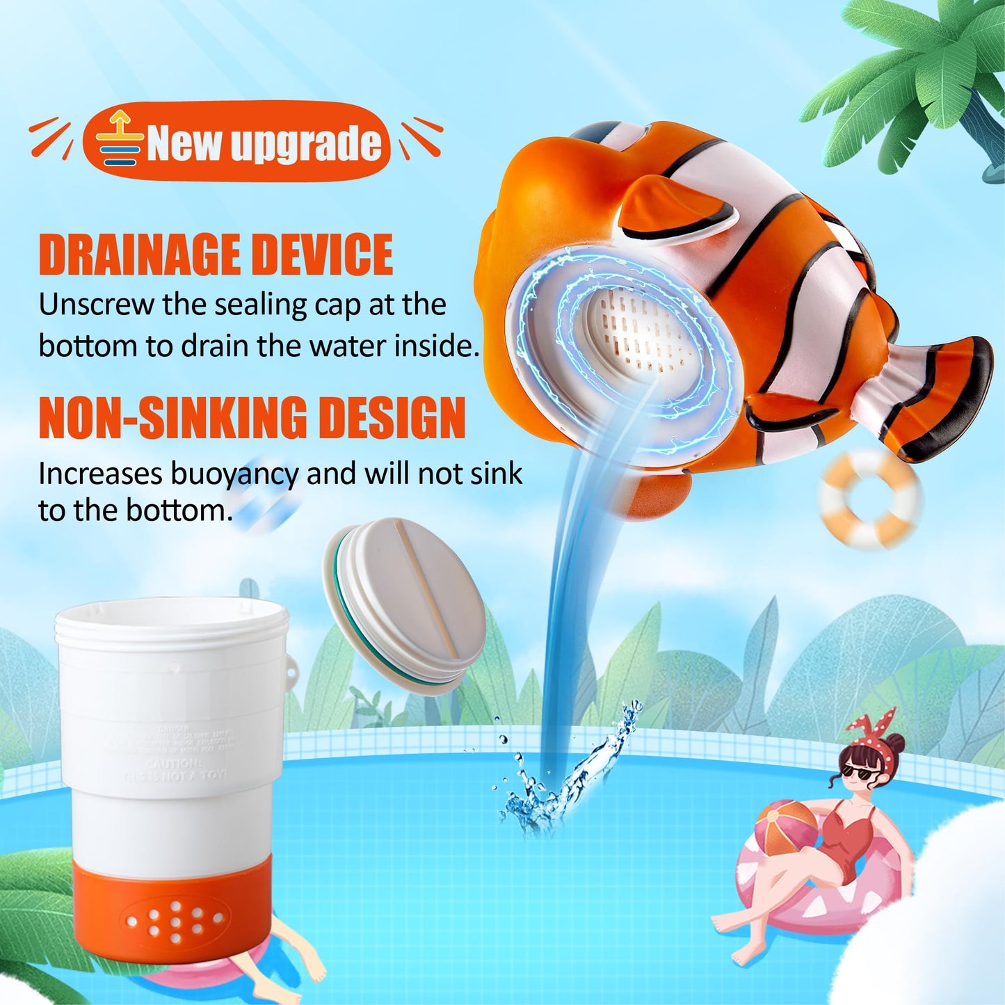 MKLZ Chlorine Floater, Floating Pool Chlorine Dispenser, Fits 1 and 3 Inch Tablets & Bromine Holder for Large/Small Pools, Hot Tub, Spa - Clown Fish
