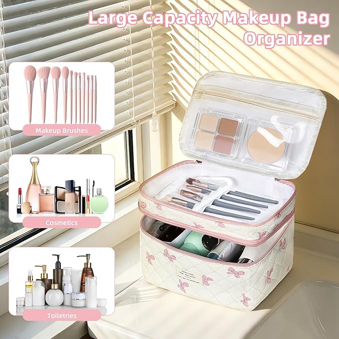 Makeup Bag, Portable Travel Make up Bag, Large Capacity Quilted Cosmetic Organizer Bag, Cute Floral Toiletry Bag for Women Girls (Pink Bow)
