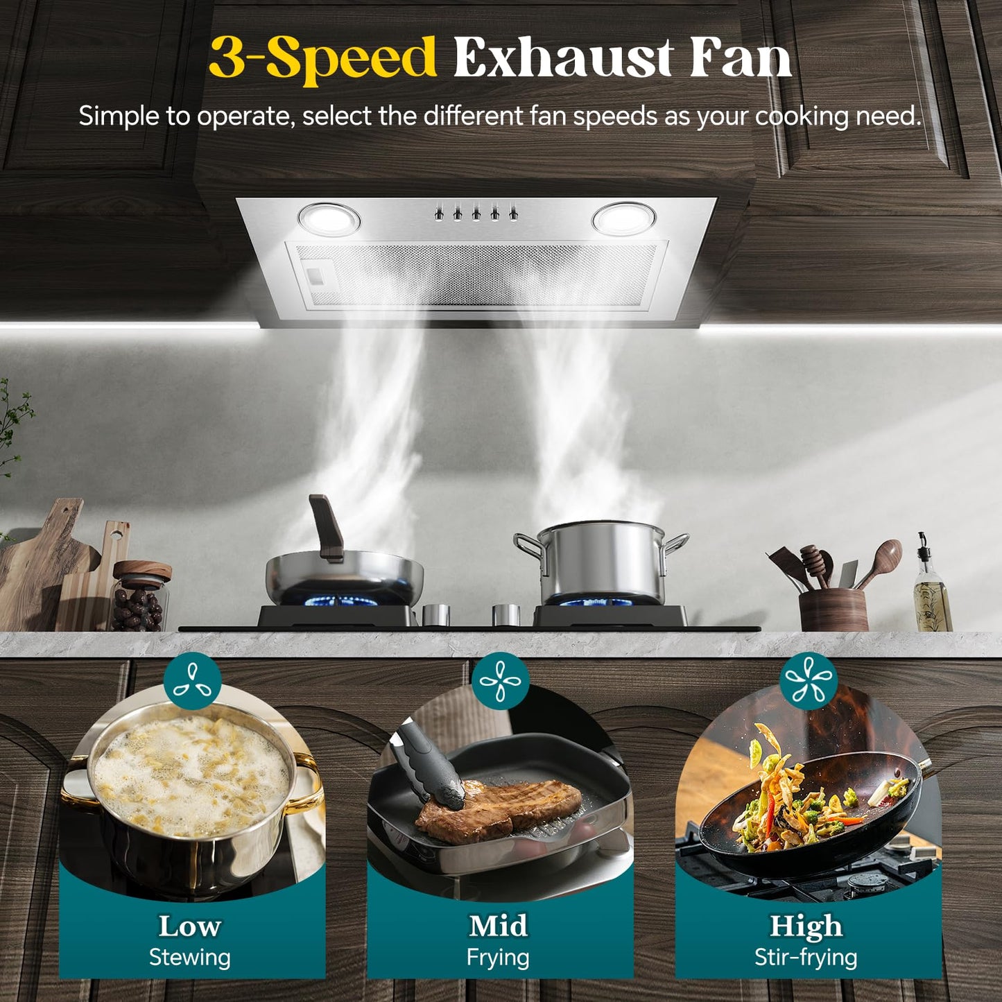 Zomagas Range Hood Insert 20 Inch, Built-in Kitchen Hood 600CFM, Ducted/Ductless Convertible, Vent Hood Insert w/Mesh Filter, Push Button Control, Stainless Steel Range Hood w/ 3 Speed Fan
