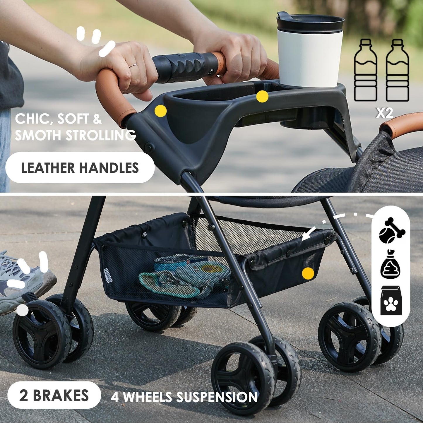 Zoosky 3 in 1 Pet Stroller with Removable Carrier, Folding Stroller for Small/Medium Dogs and Cats, Waterproof, All-Terrain, with Sun Shades, Car Seat