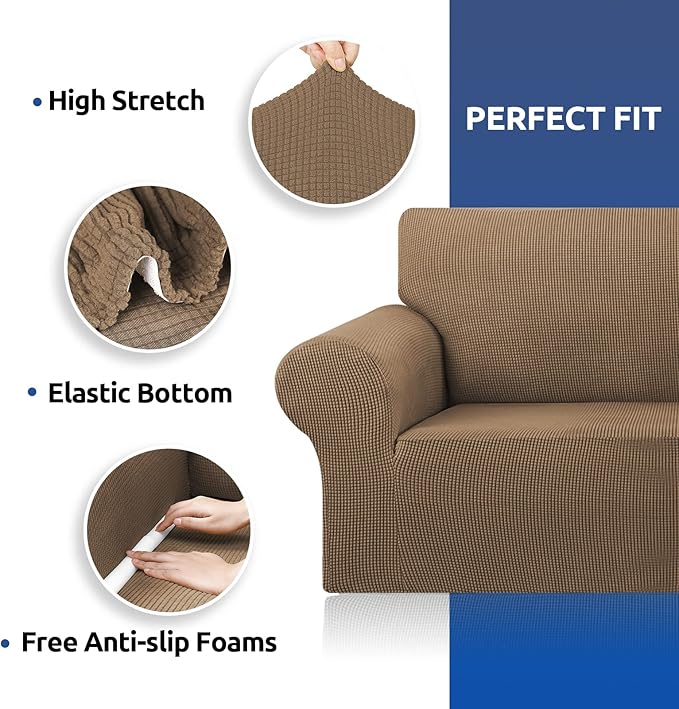 KEKUOU Stretch Oversized Sofa Slipcover 1 Piece Couch Sofa Cover (94"-110") Furniture Protector 4 Seater Sofa with Elastic Bottom for Kids,Pet.Jacquard Checked Pattern Fabric(X Large,Camel)