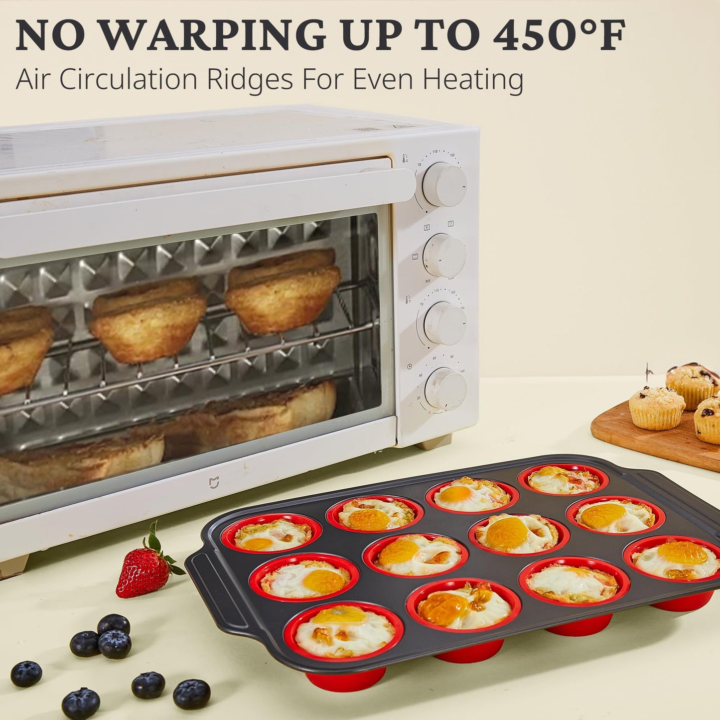 BRONYPRO Silicone Muffin Pans for Baking with Metal Frame, Egg Bite Molds, Cupcake Pans 12 Regular Size, Muffin Tins Easy to Pop Nonstick Non Toxic Bakeware for Oven, Red