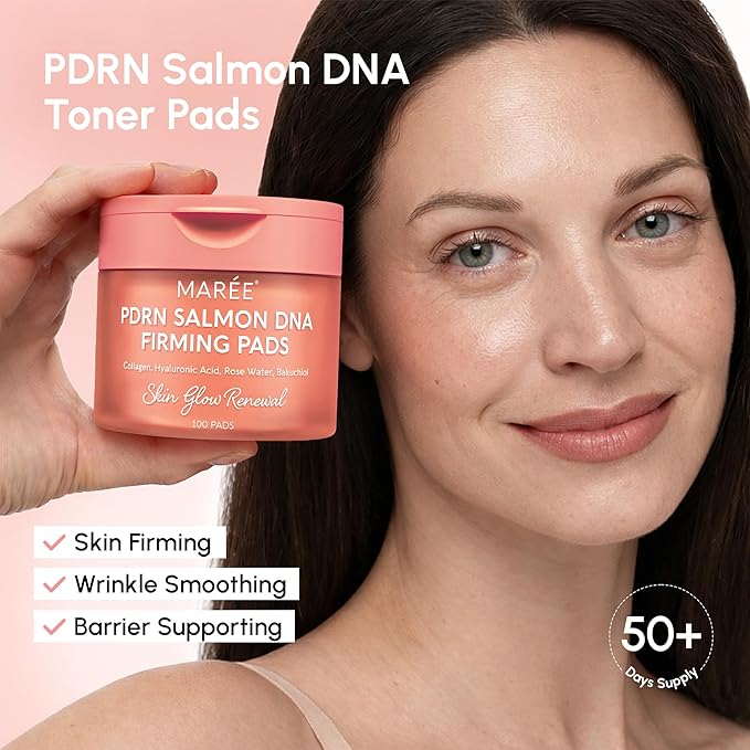 MAREE PDRN Salmon DNA Toner Pads for Face - Firming Facial Polishes with Salmon PDRN, Collagen, Hyaluronic Acid, Bakuchiol - Anti Wrinkle Anti Aging Care, Acne Treatment Device Acne Pads