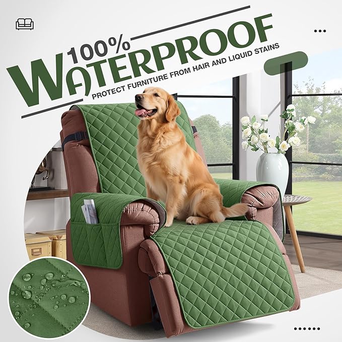 KinCam 100% Waterproof Recliner Chair Cover, Reclining Couch Covers for Pets, Dogs, Recliner Couch Slipcover Furniture Protector with Elastic Straps for Kids(28", Vine Green)