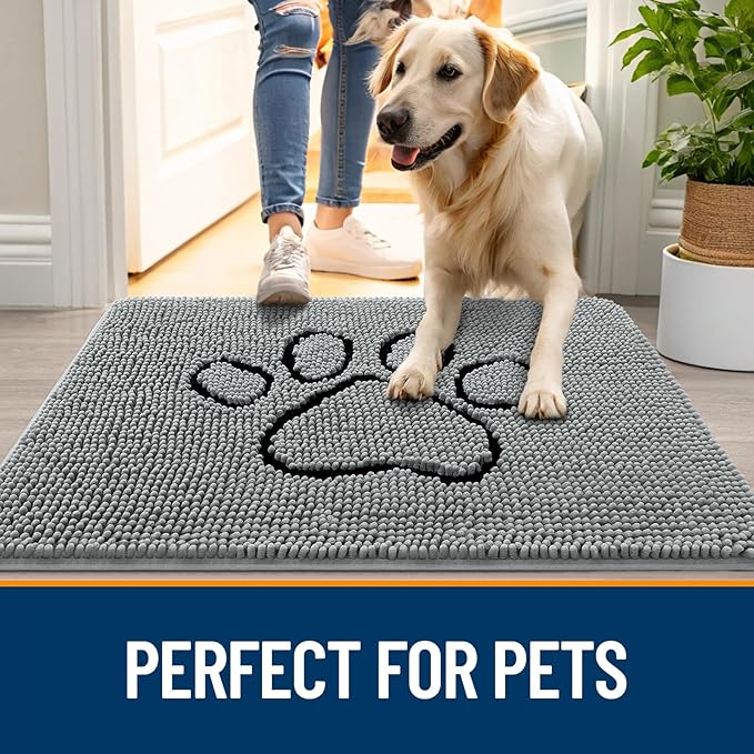 OLANLY Dog Door Mat for Muddy Paws 70x24, Paw Print Design, Absorbs Moisture and Dirt, Absorbent Non-Slip Washable Doormat, Quick Dry Chenille Mud Mat for Dogs, Entry Indoor Entryway Carpet, Grey