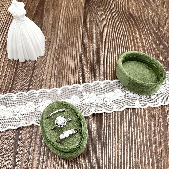 Velvet Oval Ring Box 3 Slots - Premium Wedding Three Rings Box Vintage Handmade Storage Jewelry Organizer for Proposal, Engagement, Wedding Ceremony, Christmas (Olive Green)