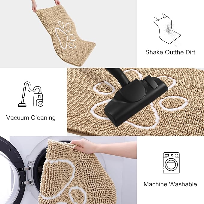 Smiry Dog Door Mat for Muddy Paws, Absorbent Dirt Trapper Non Slip Quick Dry Washable Chenille Mat for Mud Dogs, Entry Rug for Indoor and Outdoor (44x32 Inches, Beige and White)