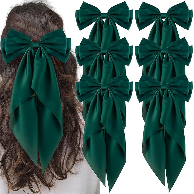 6Pcs Large Bows Hair Clips for Women Girls Long Tail Hair Ribbon Silky Satin Barrettes Coquette Bows Accessories (Atrovirens)