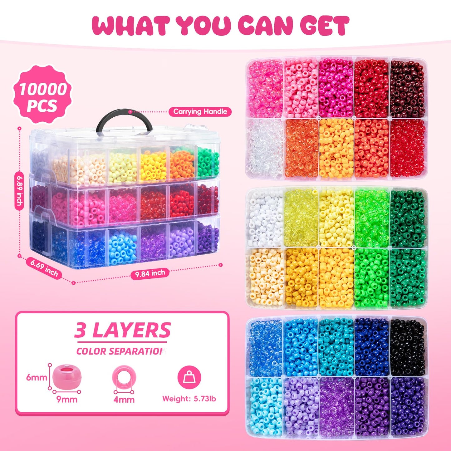 Simetufy 10000Pcs Pony Beads Bulk, 30 Colors Rainbow Kandi Beads for Hair Braiding Bracelet Making Kandi Jewelry Key Chains DIY Crafts Gifts Christmas Gifts (5.73lb, Stack Box)