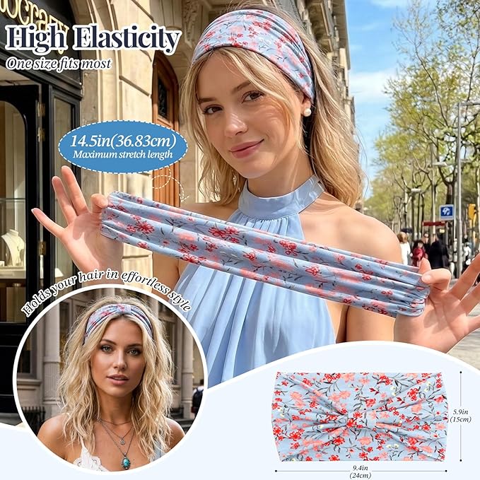 Awumbuk Wide Headbands for Women Knotted No Slip Hairbands Soft Turban Headband Hair Accessories Boho African Head Wrapst Yoga Workout (Floral purple)