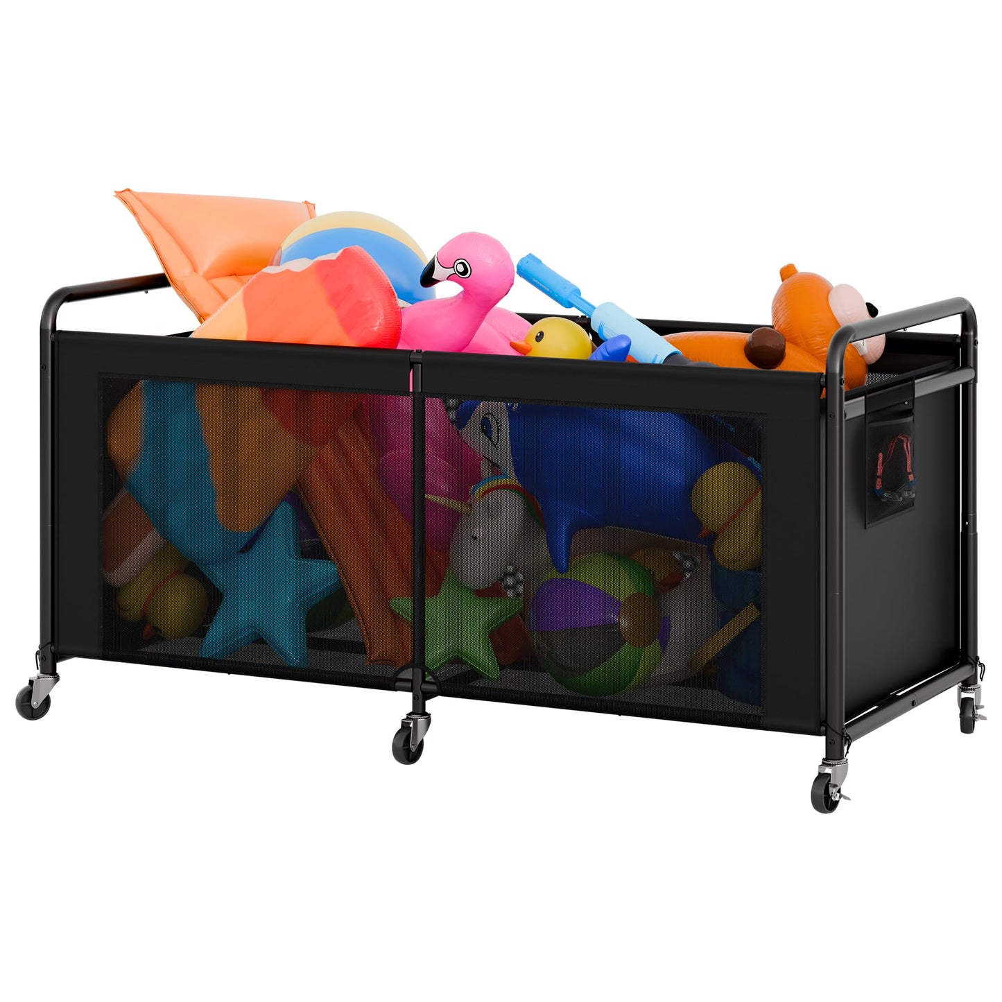 StorageWorks 295 Gallon Pool Float Storage, Mesh Pool Toy Storage Bin with Wheel and Side Pockets, Large Swimming Organizer, Outdoor Noodles Holder, Black