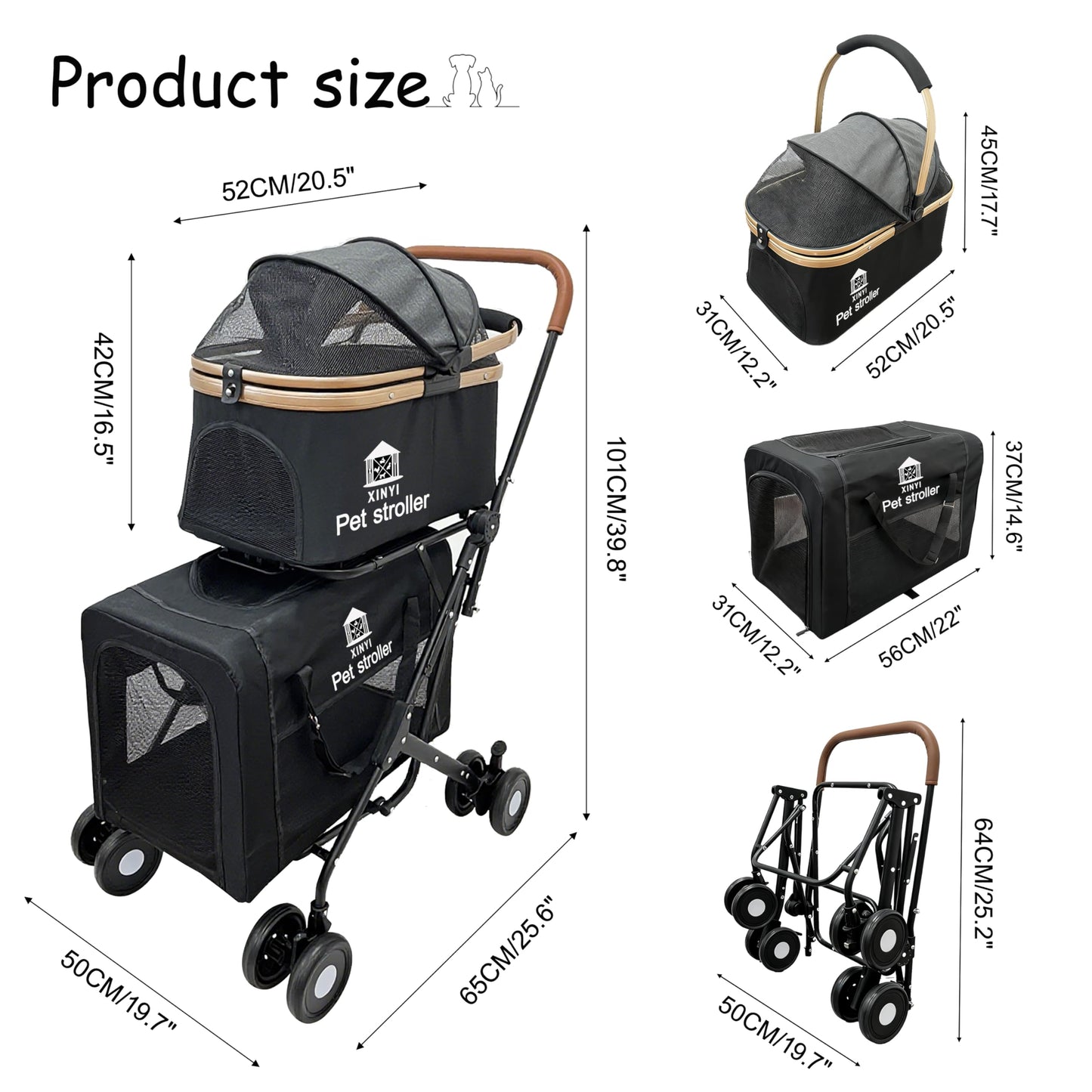 XL Extra-Large Double Pet Stroller, Running&Travel Pet Cart with Weather Cover, Cat&Dog Stroller for Large/Medium/Small Pets, Outdoor Pet Supplies
