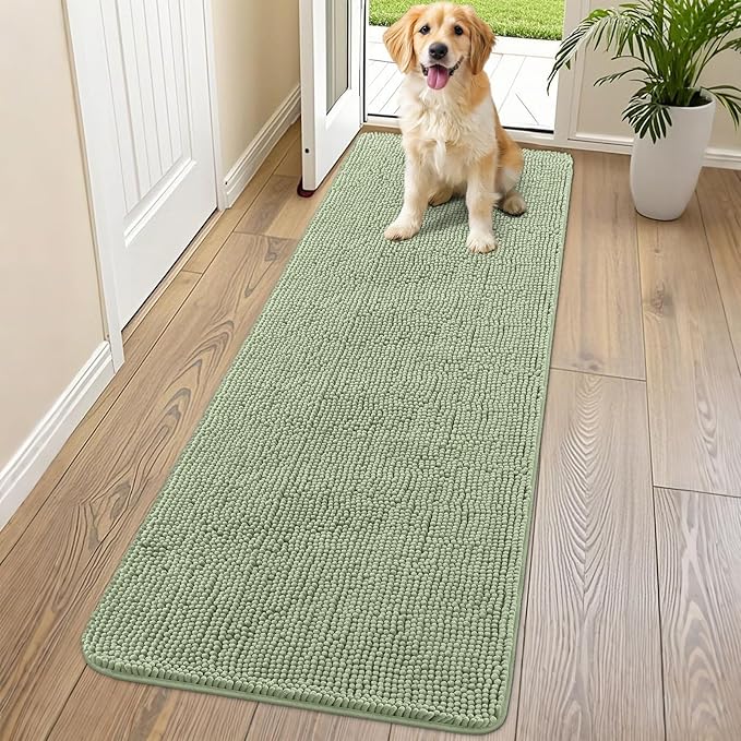 Smiry Dog Door Mat for Muddy Paws 70x24, Absorbs Moisture and Dirt Doormat, Non-Slip Washable Quick Dry Chenille Front Door Mat Indoor Entrance, Entryway Carpet for Inside Floor, Sage Green
