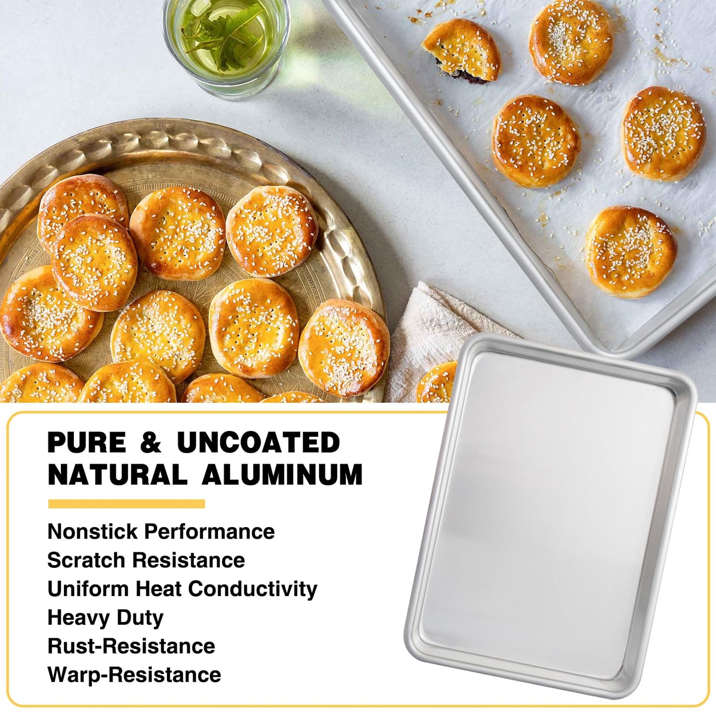 Commercial Quality Baking Sheet Pan Set, Natural Aluminum Cookie Sheet, Umite Chef Encapsulated Galvanized Steel Rim Warp Resistant Baker's Quarter Sheet Pan, Cookie Tray Pans for Baking, Roasting