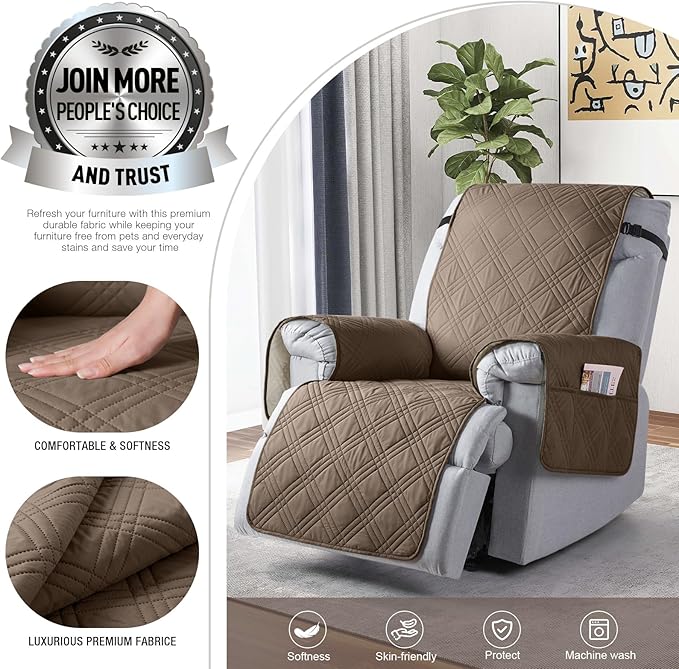 TAOCOCO 100% Waterproof Recliner Chair Cover, Oversized Recliner Covers for Large Recliner Chair with Double Straps, Non Slip Reclining Chair Cover for Kids, Pets(28'', Taupe)