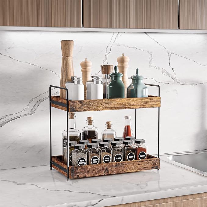 2-Tier Bathroom Counter Organizer, Wood Kitchen Countertop Spice Rack, Vanity Cosmetic Makeup Organizers Shelf for Bathroom Storage Organization, Rustic Brown