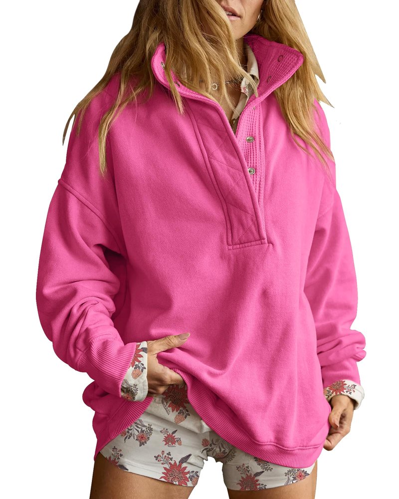 Gacaky Sweatshirt for Women Oversized Casual Long Sleeve Button Henley Neck Pullover Tops Fashion Outfits Clothes Hot Pink XS