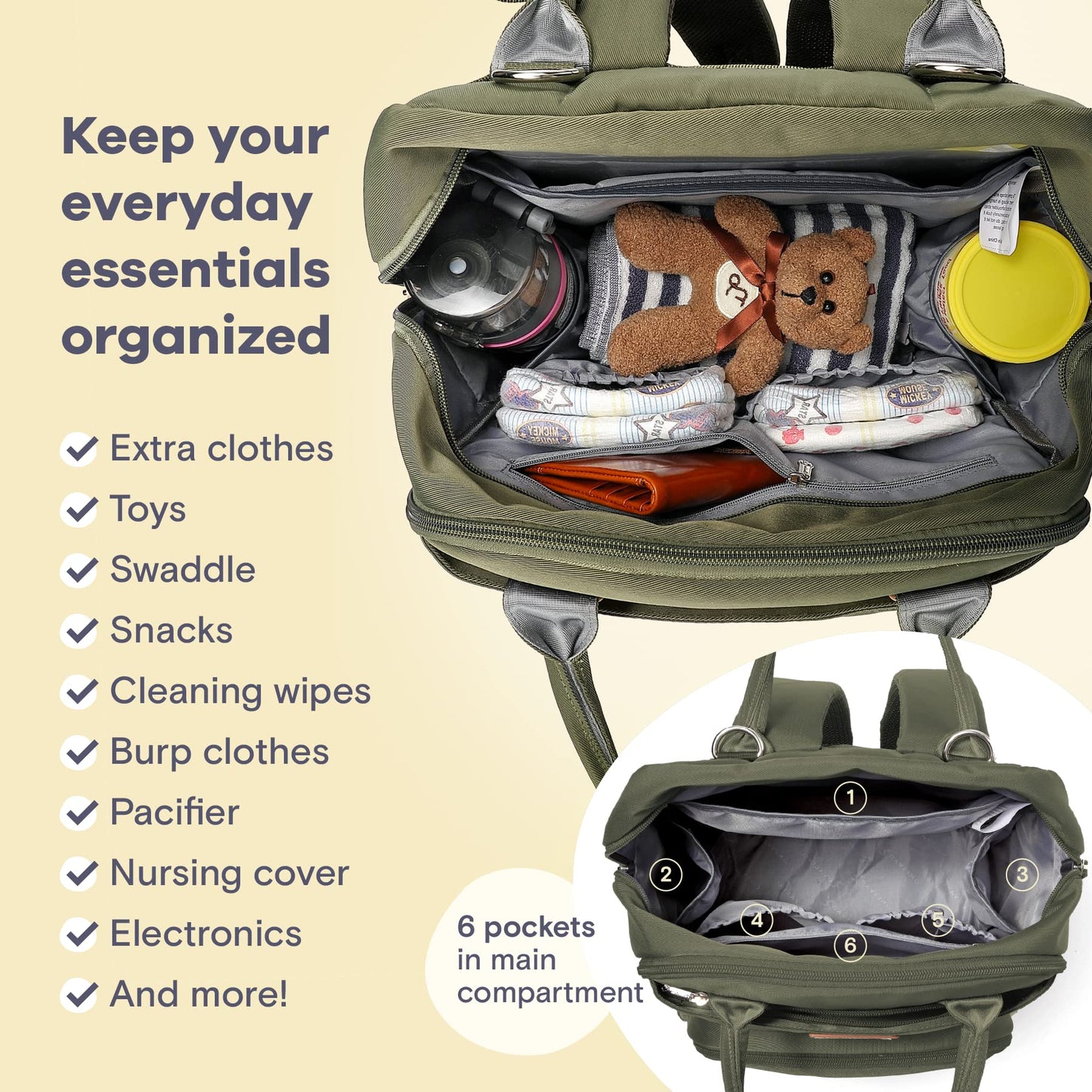 RUVALINO Diaper Bag Backpack-Expandable Baby Bag with up to 50% Capacity -Baby Essentials Bag with Changing Pad Insulated Bottle Holders & Pacifier Case, Waterproof, Army Green XL