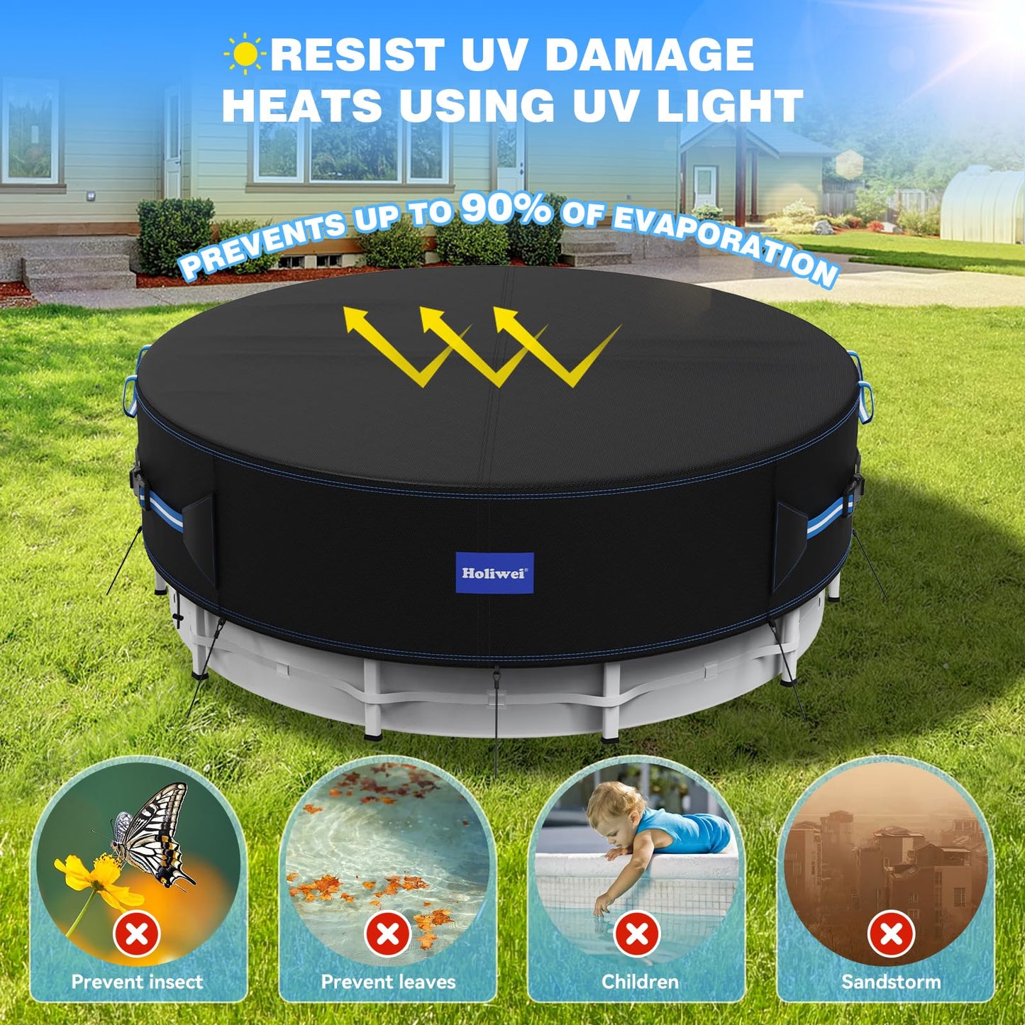 Holiwei 24 Ft Round Pool Cover with Reflective Strips, 420D Swimming Pool Cover for Above Ground Pools, Solar Cover with Drawstring and Ground Nails for Dustproof, UV Protected