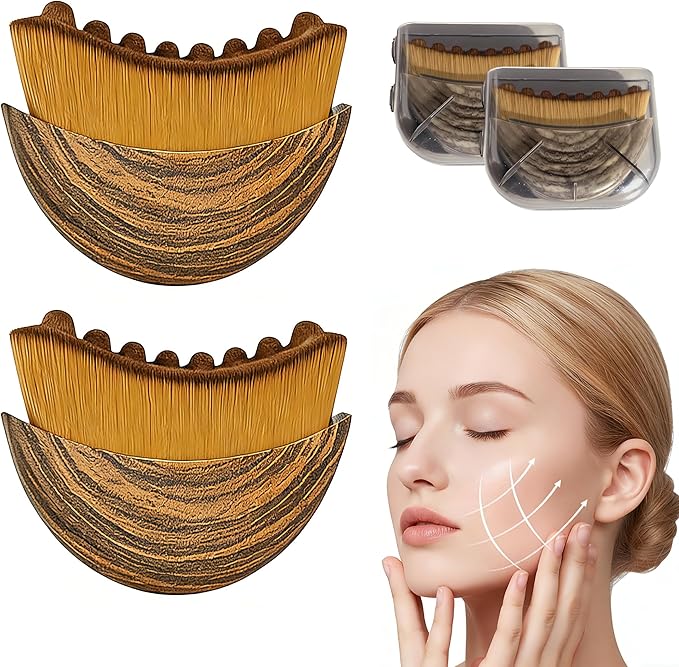 2PCS Lymphatic Contour Face Brush for Lymphatic Drainage Massager Tool for Face & Neck Lifting, Gua Sha Brush, Jawline Chin Sculpting, Dry Brushing, Curved Ergonomic Design(Brown, 2PCS)