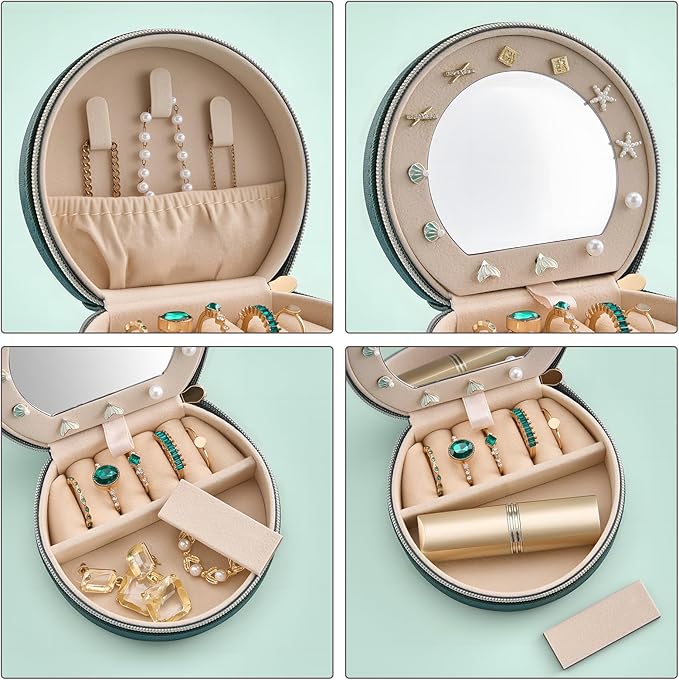 ProCase Travel Size Jewelry Box, Mini Portable Seashell-Shaped Jewelry Case with Mirror, 2 Layer Organizer in PU Leather for Women -Emerald