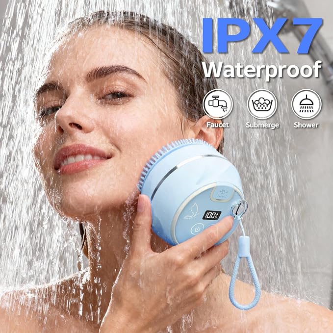 Face Scrubber, Waterproof Silicone Facial Cleansing Brush 6 Modes, 3 Light Effect, Rechargeable Electric Exfoliator Deep-Clean Scrubber for Women and Men