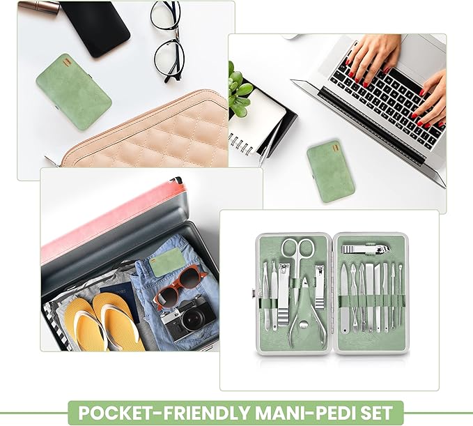 Utopia Care - Manicure Kit for Women and Men, Manicure Set with Nail Clippers or Nail Kit Includes Fingernail & Toenail Clippers,15-Pcs Pedicure Kit Stocking Stuffers with Travel Case - Green