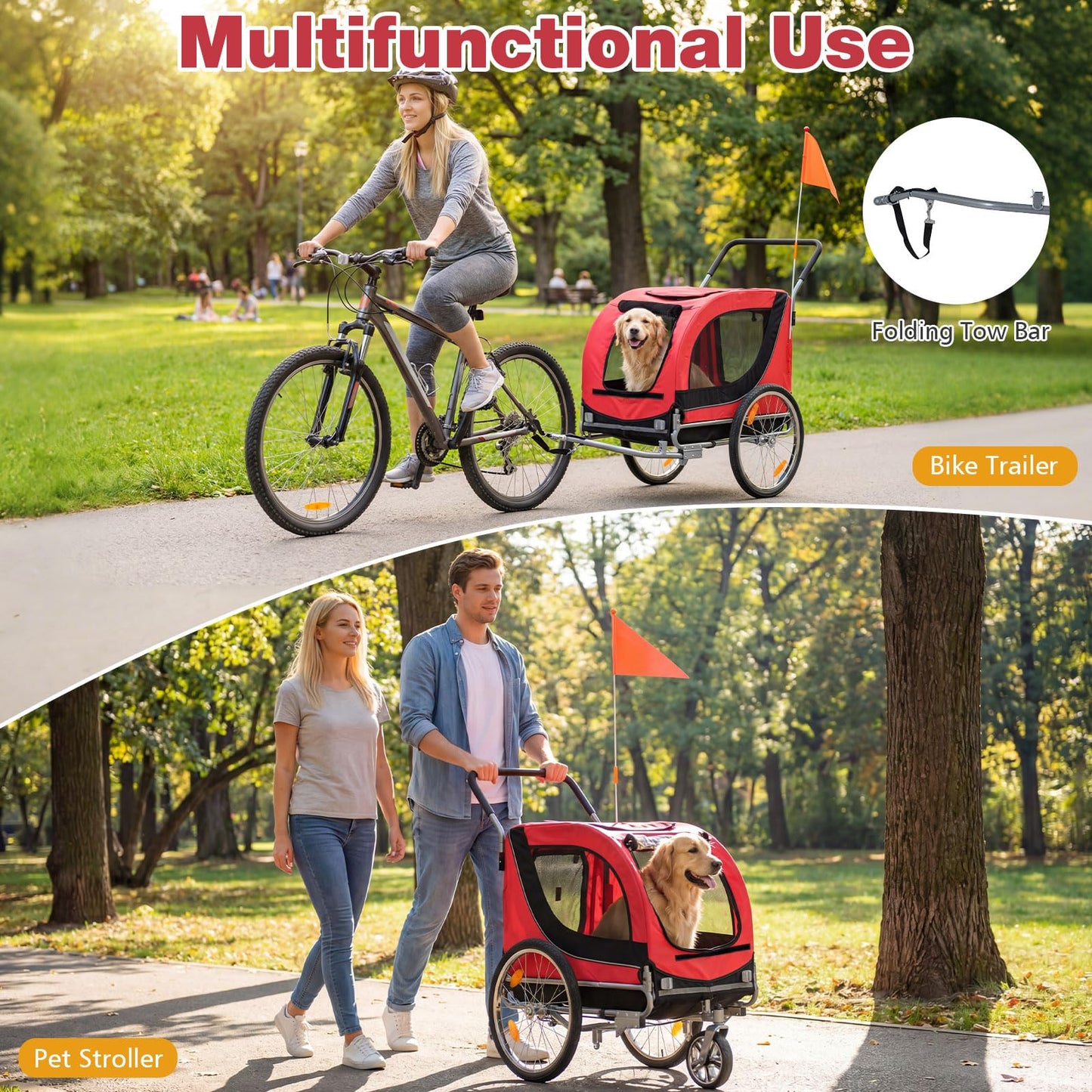 Giantex 2-in-1 Dog Bike Trailer & Pet Stroller for Large Dogs – Foldable Pet Carrier Cart with Front Caster & 2 Air-Filled Tires, Breathable Mesh, PVC Rain Cover, 176 lbs Capacity (Red)
