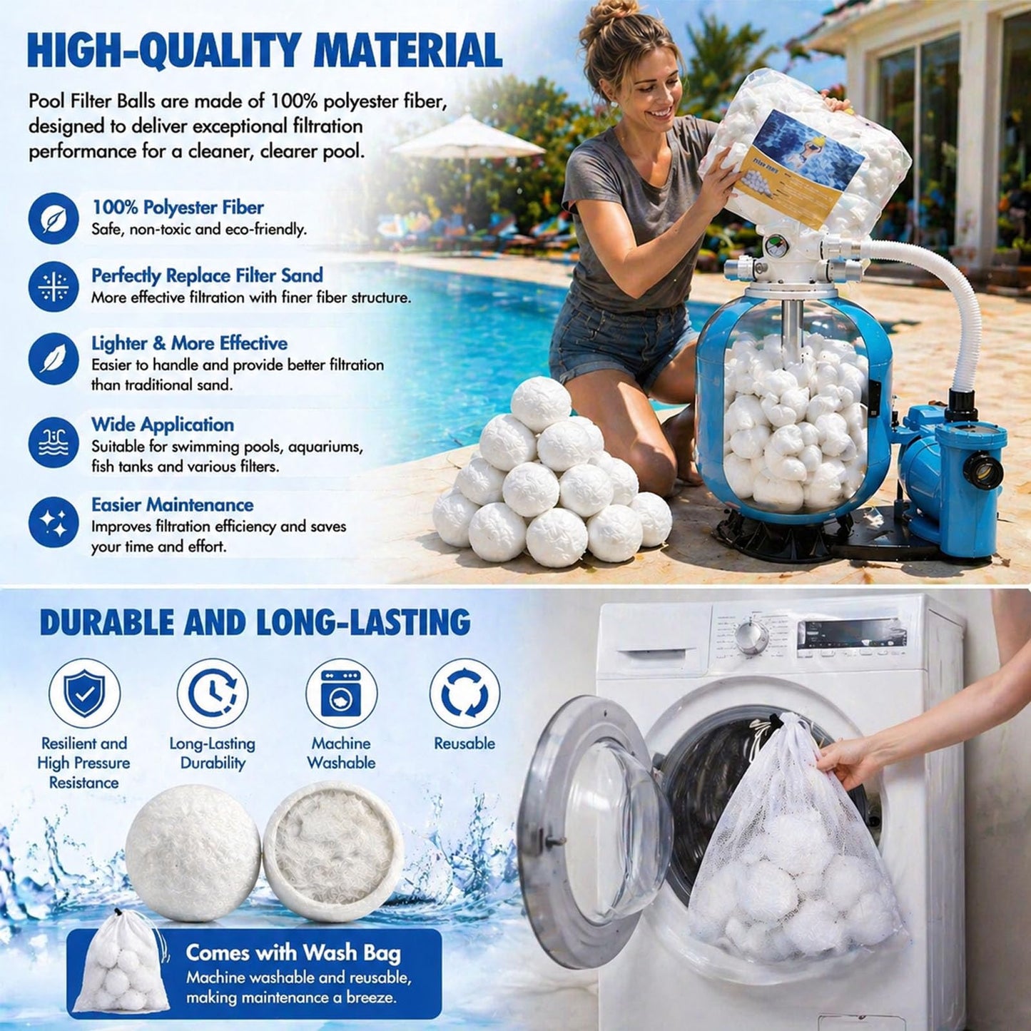 1.54 Lbs Pool Filter Balls, Eco-Friendly Filter Balls for Swimming Pool Sand Filters, Lightweight and Reusable Fiber Ball, Replace 50 lbs Pool Filter Sand (1.54, Pounds)