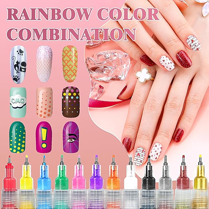 12 Colors Nail Art Pens, 0.5mm Fine Tip 3D Acrylic Polish Pen Set, Waterproof Quick-Drying Dotting Graffiti Drawing Liner Brush, DIY Nail Art Design Manicure Tools for Beginners Women Home Salon Use