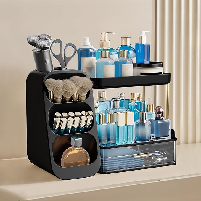 HBlife Bathroom Organizers and Storage with Brush Holder for Vanity, 3 Tier Plastic Makeup Organizer for Dresser Counter, Skincare, Lipstick, Perfume, and Cosmetic Storage, Black