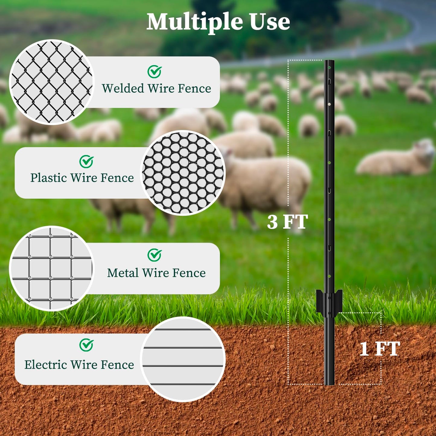 10 Pack Metal Fence Posts, 3ft Heavy Duty U-Post, Black Garden Stakes, No-Dig Post Anchors for Wire Fences, Temporary Fencing, Electric Fence, and Corner Support