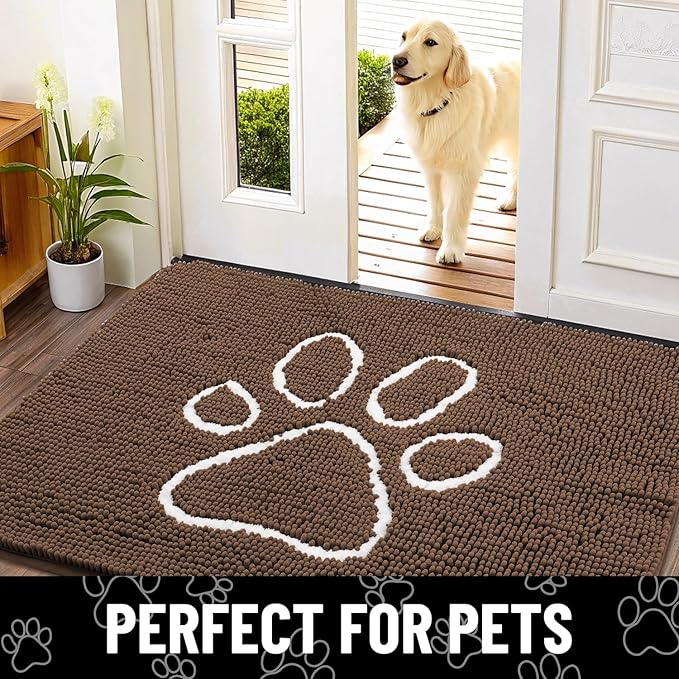 Smiry Dog Door Mat for Muddy Paws, Absorbent Dirt Trapper Non Slip Quick Dry Washable Chenille Mat for Mud Dogs, Entry Rug for Indoor and Outdoor (48x30 Inches, Coffee and White)