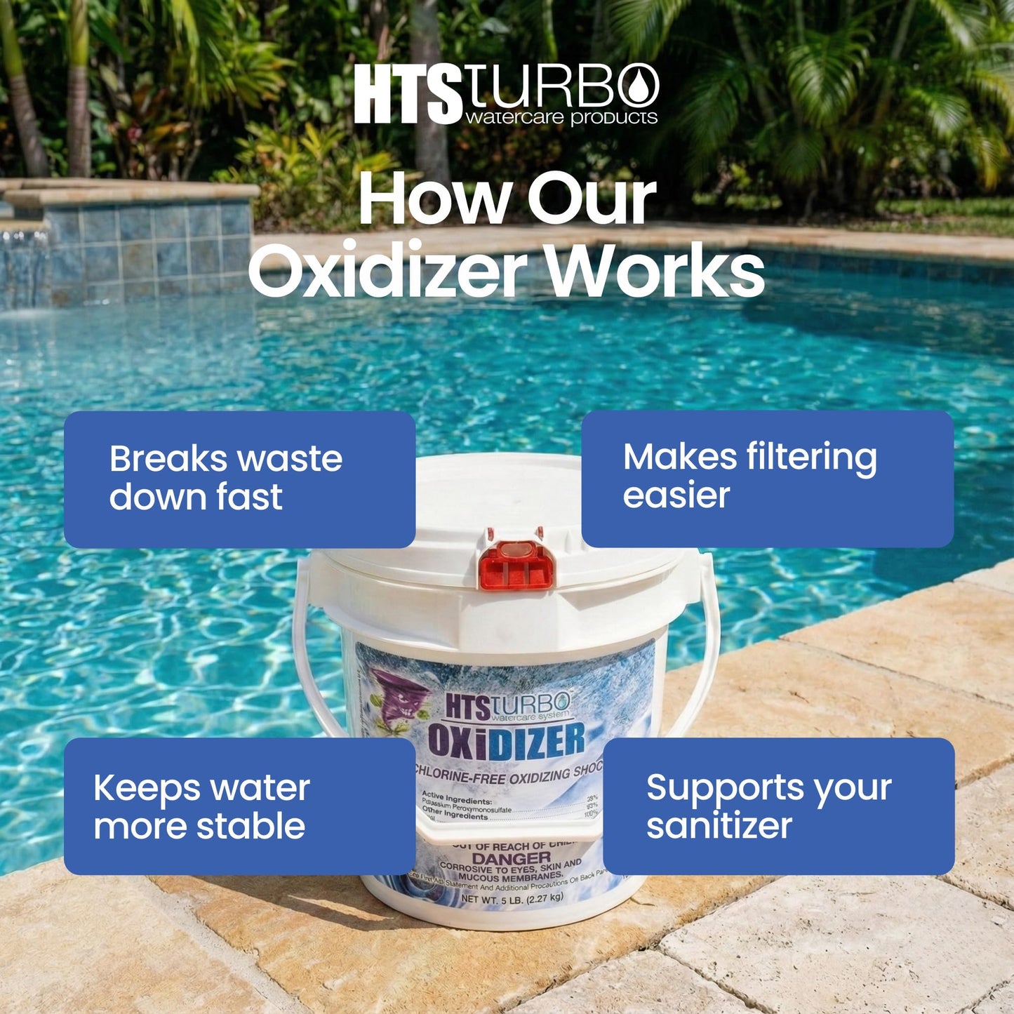 HTS Turbo Oxidizer Shock for Pools, Hot Tubs & Spas - 5 lbs Made in USA | Fast-Dissolving Oxidizing Shock for Pool | Non Chlorine Pool Shock Treatment | Non Chlorine Shock for Pool Clears Water