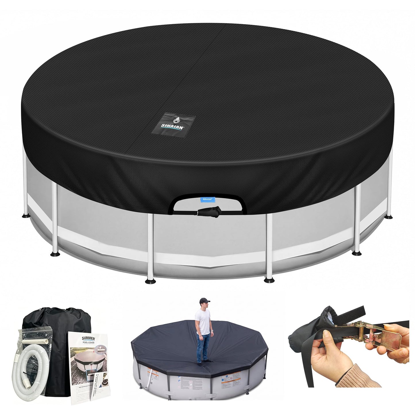 SIHAIAN 14 Ft Round Pool Cover, with Automatic Drain Pool Cover, Patented One-Piece Tensioning System Above Ground Pool Cover, Preventing Waterlogging, Yarn-Dyed Oxford Fabric Solar Pool Cover