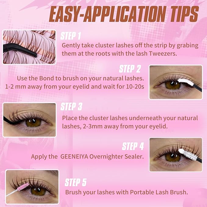 Geeneiya BROWN VENUS Lashes Clusters Kit DIY Lash Extension, 8-14MM Invisible Band Lash Clusters, C Curl Cluster Eyelash Extensions Kit with Waterproof Lash Bond and Seal, Lash Remover, Tweezers