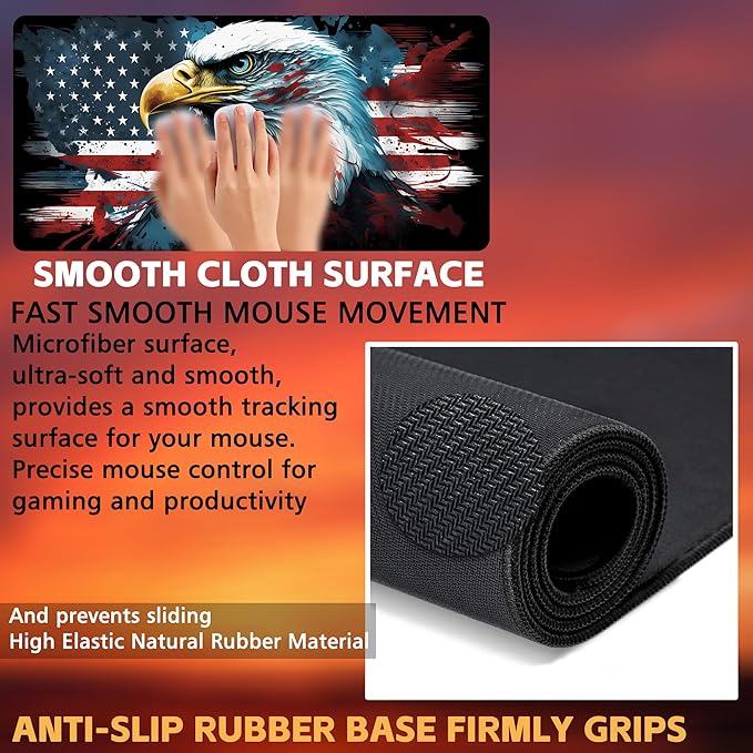 Desk Mat, Bald Eagle American Flag Desk Pad, USA Flag Large Gaming Mouse Pad for Desk, 31.5"x15.7" Extended Big Computer Keyboard Mouse Pad with Non-Slip Base and Stitched Edge