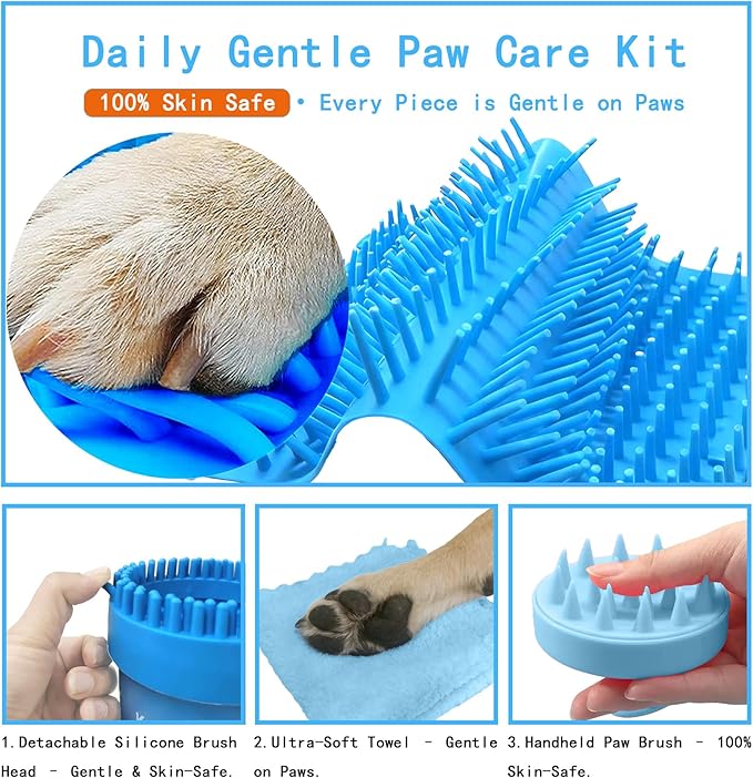 Dog Paw Cleaner Kit for L/XL Dogs - Quick Clean No Full Bath, 2-in-1 Paw Wash Cup with Detachable Silicone Brush Head, Includes Bath Brush & 3 Absorbent Towels, Blue