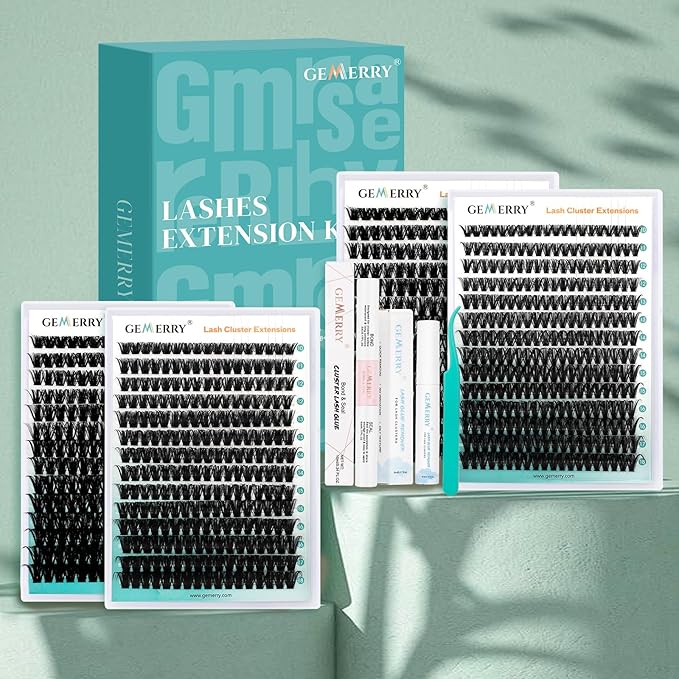 GEMERRY Lashes Clusters Kit Thick Lash Clusters 4 Styles 882Pcs Fluffy Lash Clusters Kit with Waterproof Bond and Seal Remover Tweezers for Beginners（60P+80P+100P+200P）