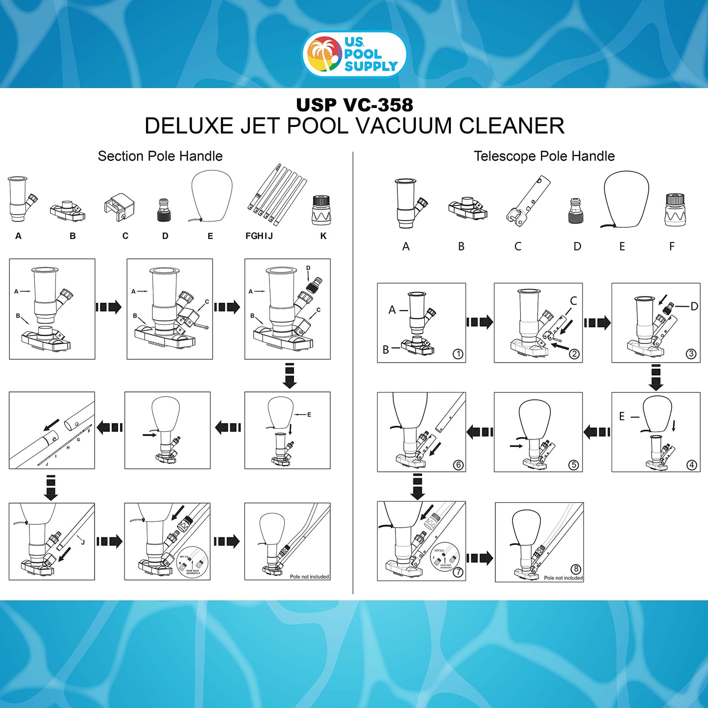 U.S. Pool Supply Above Ground Pool Vacuum Cleaner, Manual Pool Vacuum Cleaner, Spa Cleaner for Hot Tub, Ponds - 5 Section 4ft Pole, Mesh Leaf Bag, Telescopic Pole Attachment - Attaches to Garden Hose