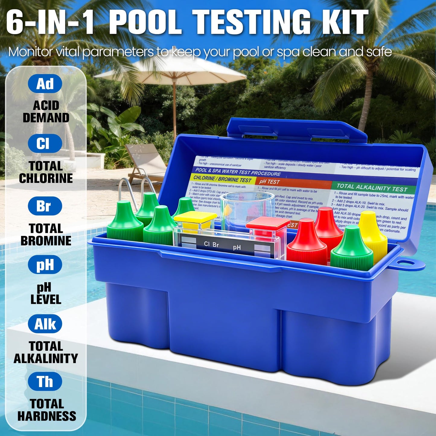 PRAXXIS 6-Way Pool Water Testing Kit, Pool Test Kit for Inground Above Ground Pool, Pool Water Chemical Test Kit for Chlorine,Bromine,pH, Acid Demand, Alkalinity, Hardness For Quick & Accurate Testing