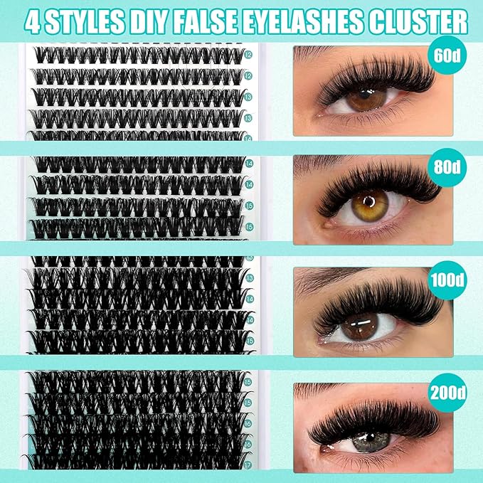 GEMERRY Lashes Clusters Kit Thick Lash Clusters 4 Styles 882Pcs Fluffy Lash Clusters Kit with Waterproof Bond and Seal Remover Tweezers for Beginners（60P+80P+100P+200P）