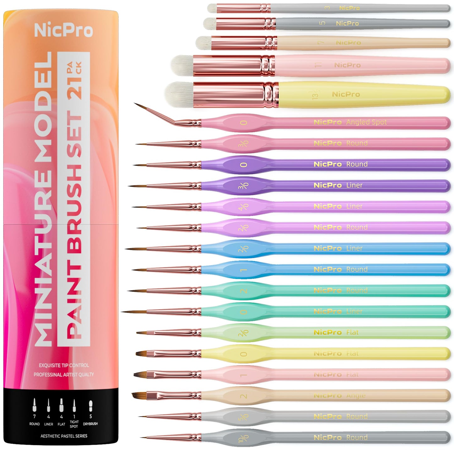 Nicpro 21PCS Fine Detail Paint Brush Drybrush Set, Aesthetic Pastel Fine Tip Miniature Paint Brushes for Acrylic Oil Watercolor, Crafts, 40K Models, Miniatures, Rock Painting, Paint by Numbers