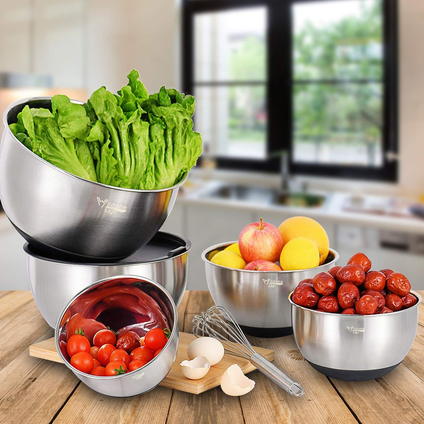 Wildone Mixing Bowls with Airtight Lids Set, 5PCS Stainless Steel Nesting Bowls for Kitchen, with Grater Attachments & Non-Slip Bottoms, Size 5, 3, 2, 1.5, 0.63 QT, Great for Mixing & Serving