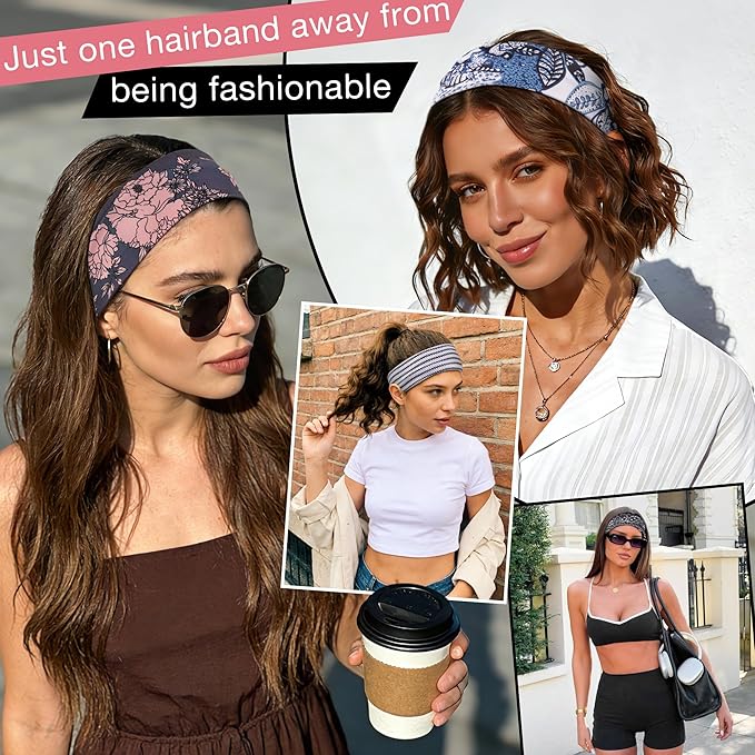 Ztomine 8 Pack Headbands for Women Non Slip - Stylish Sports Hair Bands for Women's Hair - Soft Cotton Cloth Stretchy Headbands for Women for Yoga, Outdoor Exercise Running