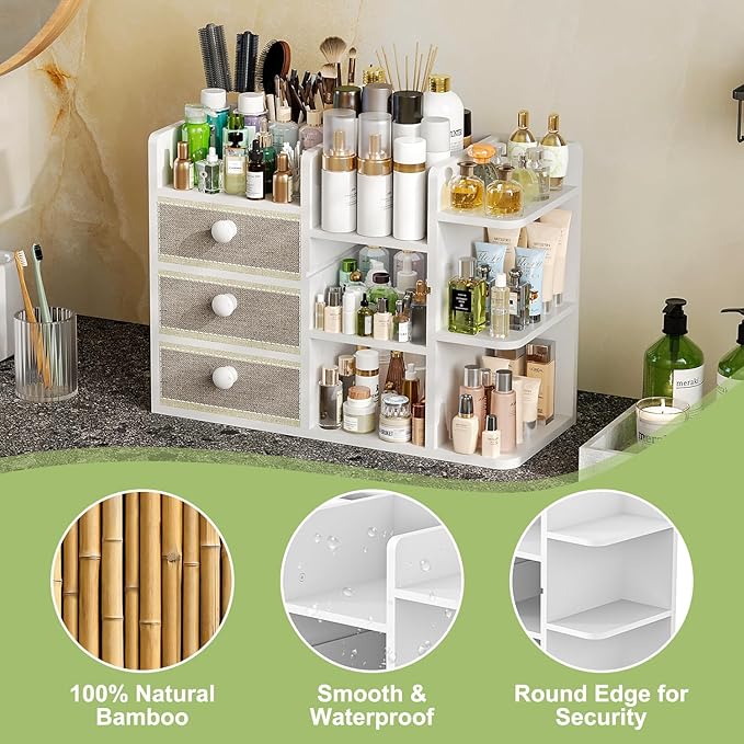 Large Makeup Organizer Countertop With Brush Holder Drawer For Vanity,Bamboo Bathroom Counter Organizers And Storage,Cosmetic Skincare Perfume Organizer,Easy To Store Nail Polish, Lipstick, Eyeshadow