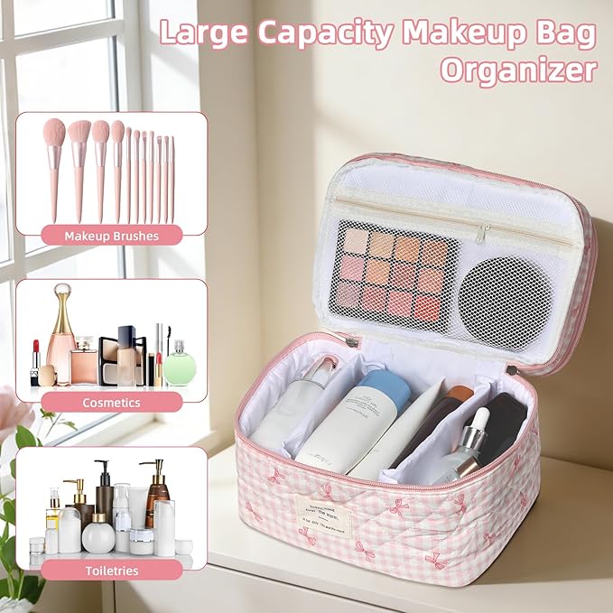 Makeup Bag, Portable Travel Make up Bag, Large Capacity Quilted Cosmetic Organizer Bag, Cute Floral Toiletry Bag for Women Girls (Pink Bow)