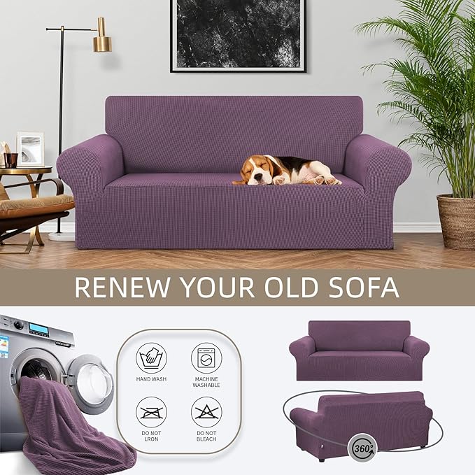 KEKUOU Stretch Loveseat Sofa Cover Slipcover,Couch Covers for 2 Cushion Couch Sofa (55"-78") Furniture Protector Sofa with Elastic Bottom for Kids,Dog. Jacquard Small Checked (Medium,Dark Purple)